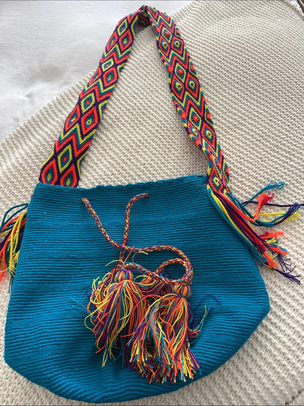 Handwoven Teal Shoulder Bag with Multicolor Strap